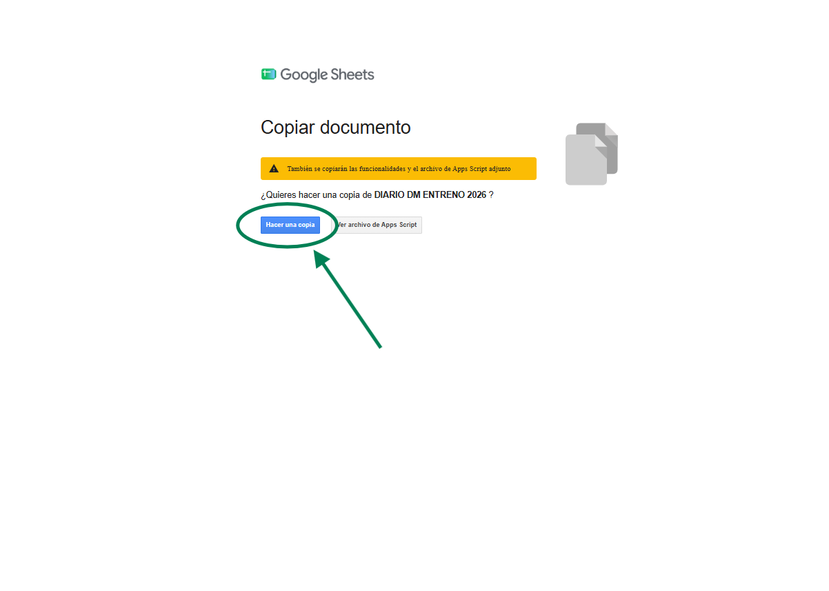Pantalla de copiar documento en Google Sheets desde ordenador