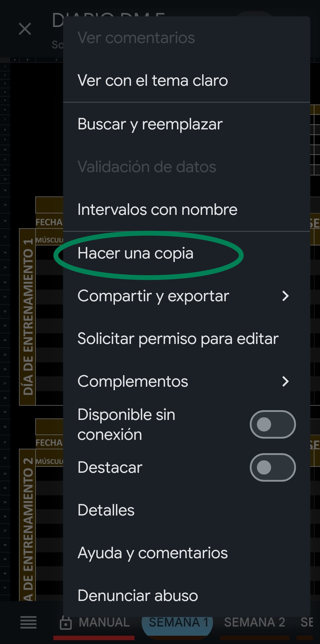 Opción Hacer una copia en Google Sheets desde móvil