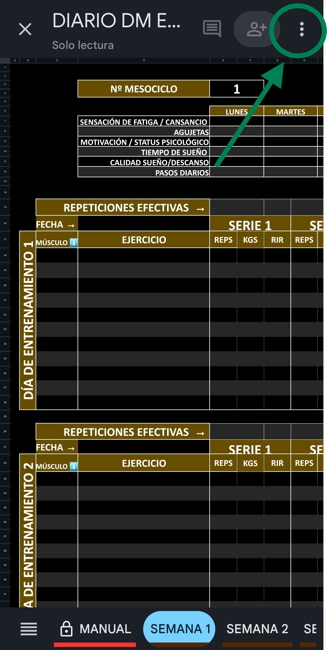 Menú de tres puntos en Google Sheets desde móvil