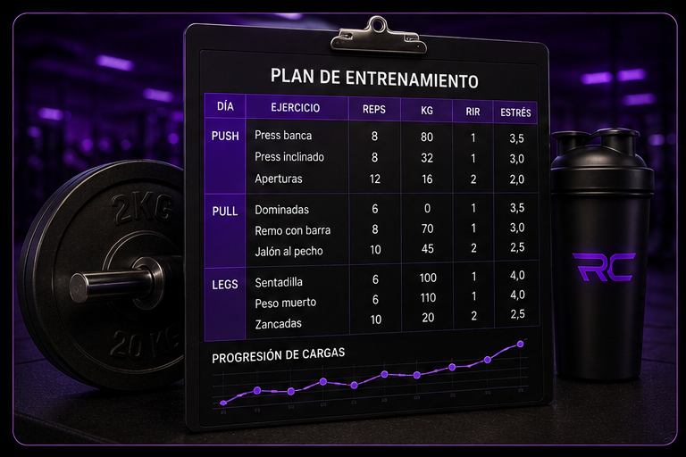 Programación profesional de entrenamiento de fuerza con métricas, cargas, repeticiones, RIR y estrés